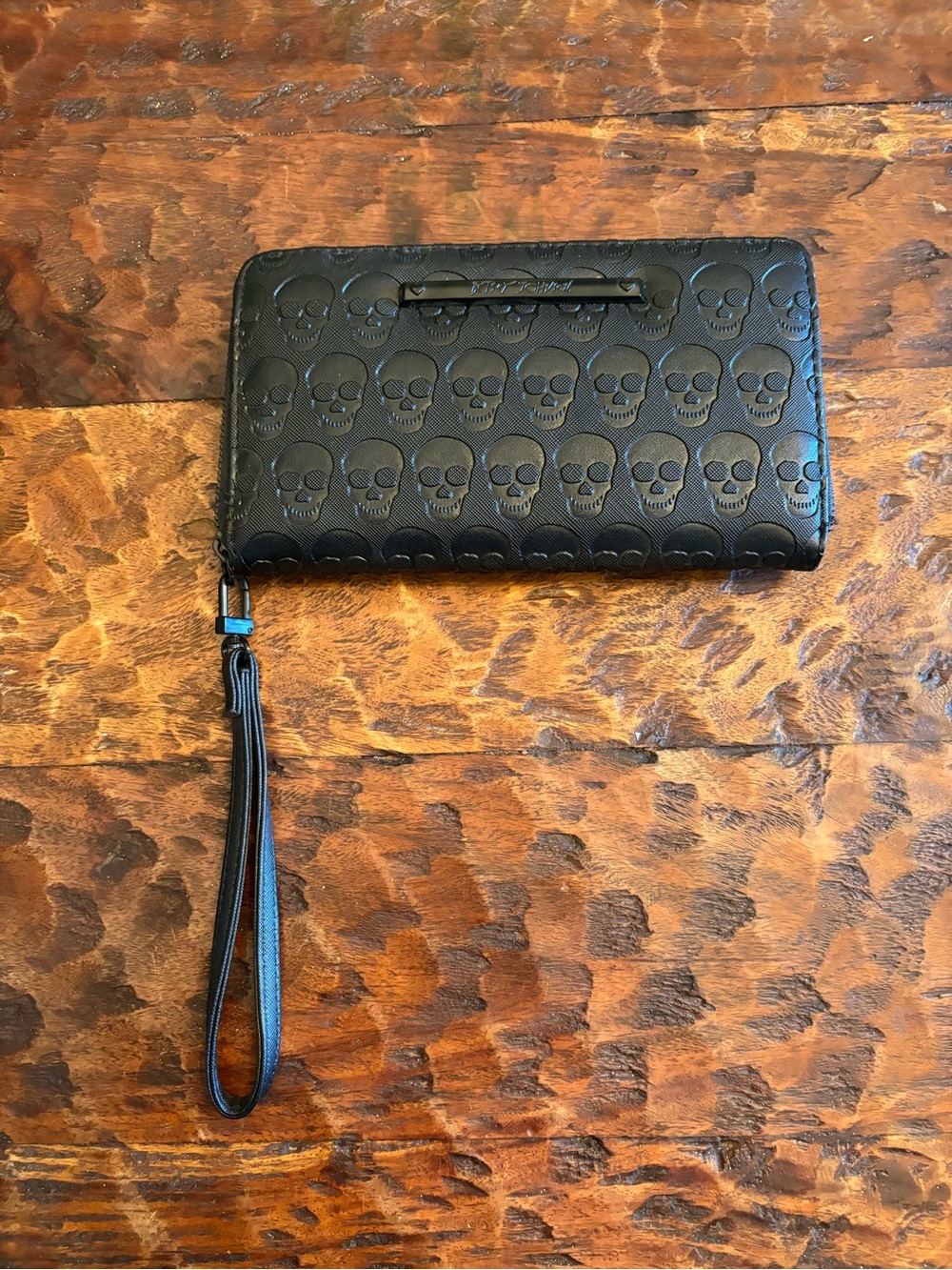 Betsey Johnson Black Skull Embossed Wristlet Clutch